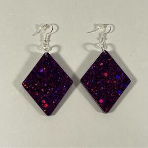Purple Resin Chunky Glitter Dangle Earrings Diamond Shape NWT